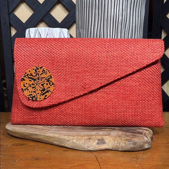 Handbags - Handmade Clutch Orange and Black Textured Clutch with Asymmetrical Flap